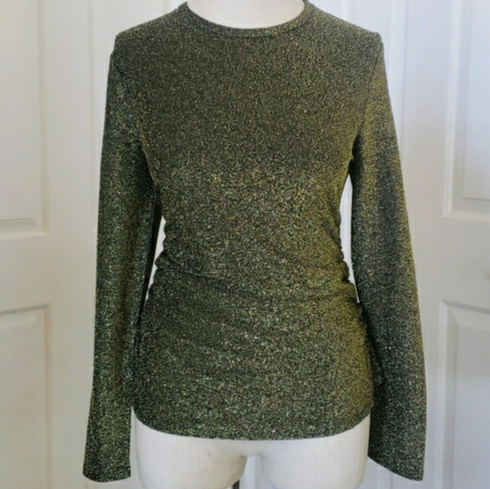 Vintage 90s Nine West Gold Shimmer Ruched Top S Gold Black Ruched Minimalist - Picture 3 of 17